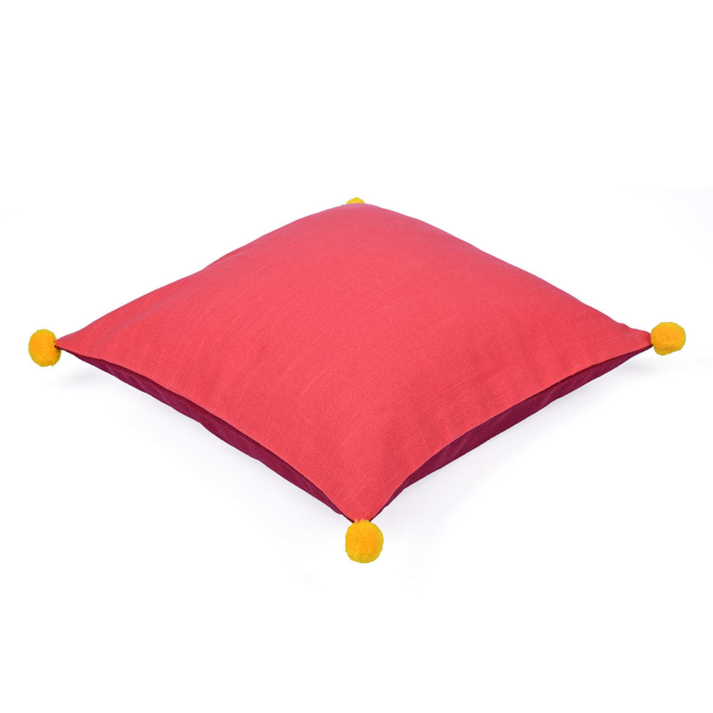 Solid Cotton 16" x 16" Two Sided Pom Pom Cushion Cover (Maroon & Red)