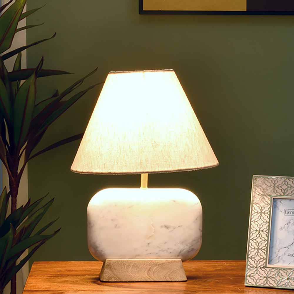 Nilkamal Decorative Fabric Shade Marble & Wooden Base Table Lamp 43.5 cm (Brown & White)