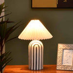 Retro Fabric Shade Paper Mache & Metal Base Table Lamp (White & Black)