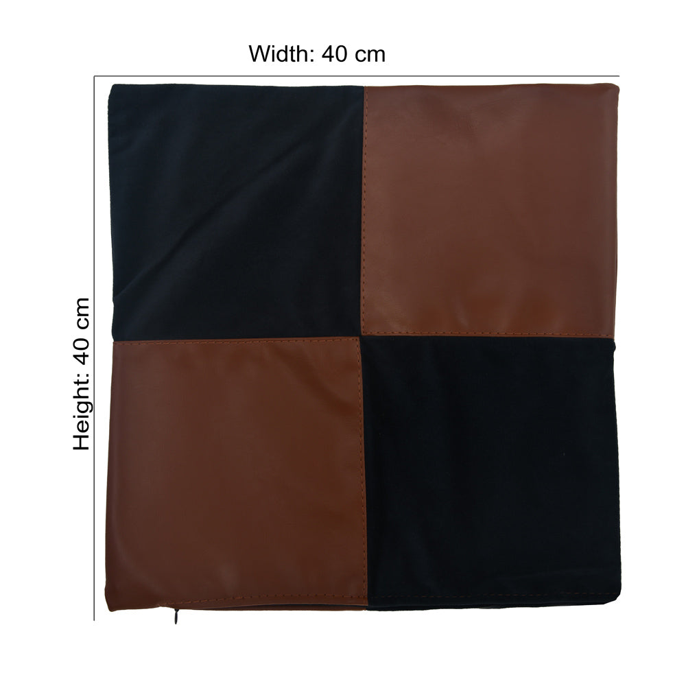 Checkered Fabric & Leatherette 16" x 16" Cushion Cover (Blue & Brown)