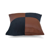 Checkered Fabric & Leatherette 16" x 16" Cushion Cover (Blue & Brown)