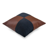 Checkered Fabric & Leatherette 16" x 16" Cushion Cover (Blue & Brown)