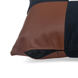 Checkered Fabric & Leatherette 16" x 16" Cushion Cover (Blue & Brown)