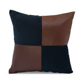 Checkered Fabric & Leatherette 16" x 16" Cushion Cover (Blue & Brown)