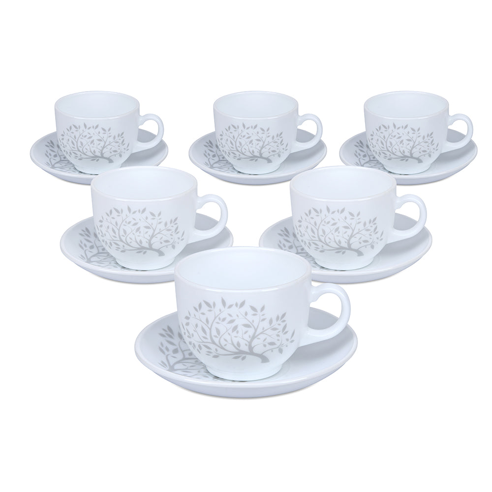 Arias by Lara Dutta Tree of Life Cup & Saucer Set of 12 (220 ml, 6 Cups & 6 Saucers, White)