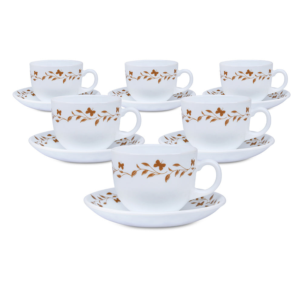 Arias by Lara Dutta Autumn Grace Cup & Saucer Set of 12 (220 ml, 6 Cups & 6 Saucers, White)