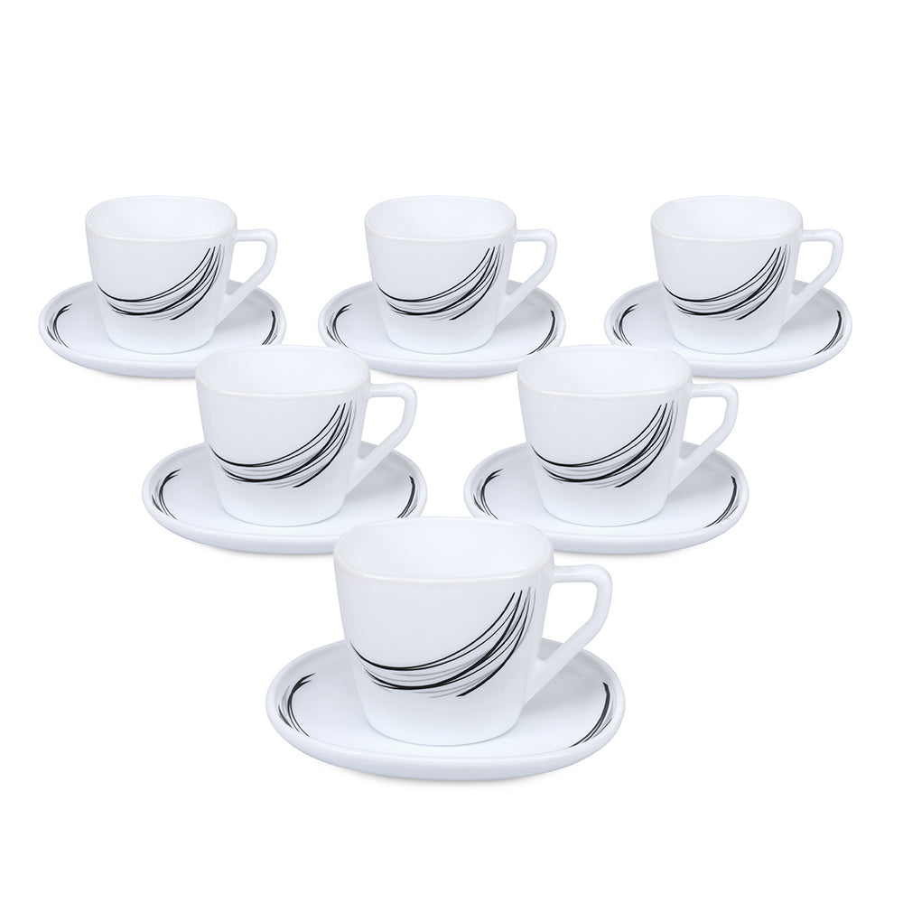 Arias by Lara Dutta Black Fantasy Cup & Saucer Set of 12 (220 ml, 6 Cups & 6 Saucers, White)