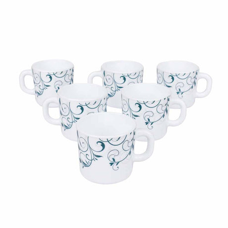 Arias by Lara Dutta Blue Spring Coffee Mugs Set of 6 (180 ml, White)