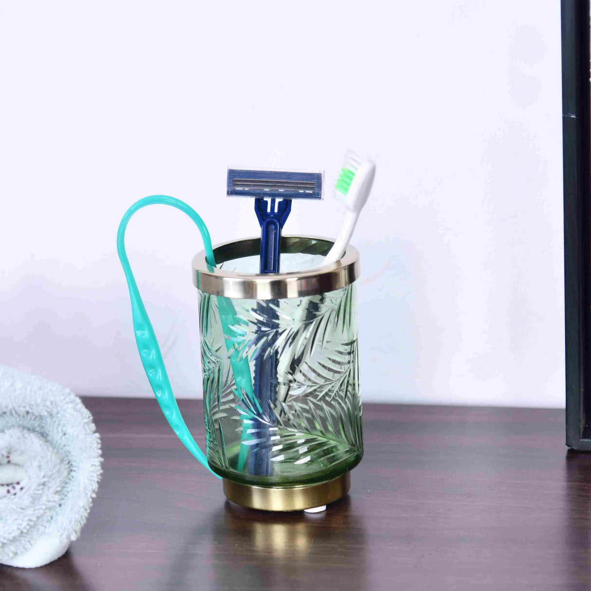 Transparent Glass Tumbler Toothbrush Holder (Green & Gold)