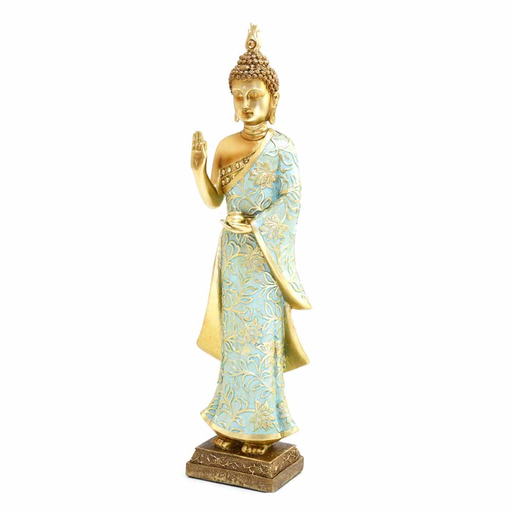 Buddha Standing Polyresin Showpiece (Mint & Gold)