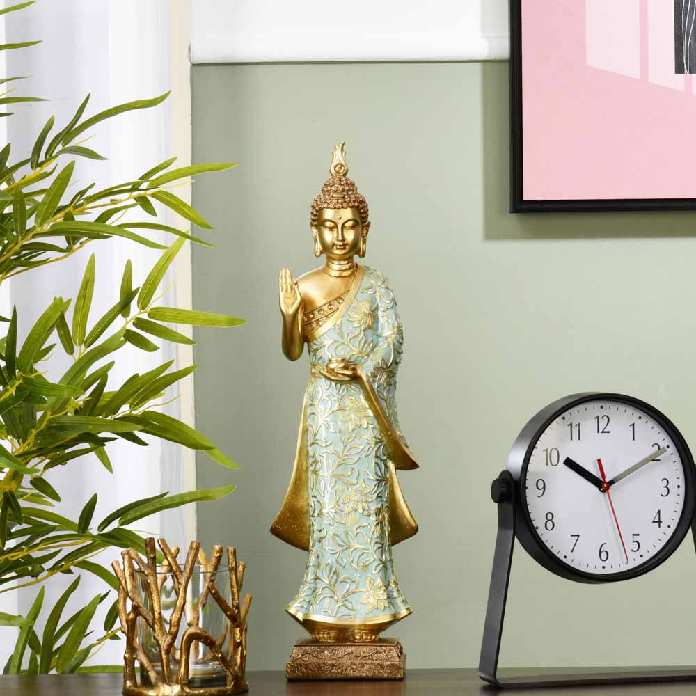 Nilkamal Buddha Standing Polyresin Showpiece (Mint & Gold)