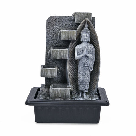 Standing Buddha Water Fountain With LED Light (Grey & Black)