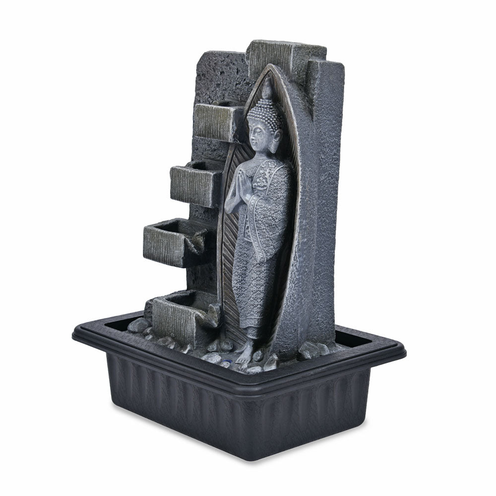 Standing Buddha Water Fountain With LED Light (Grey & Black)