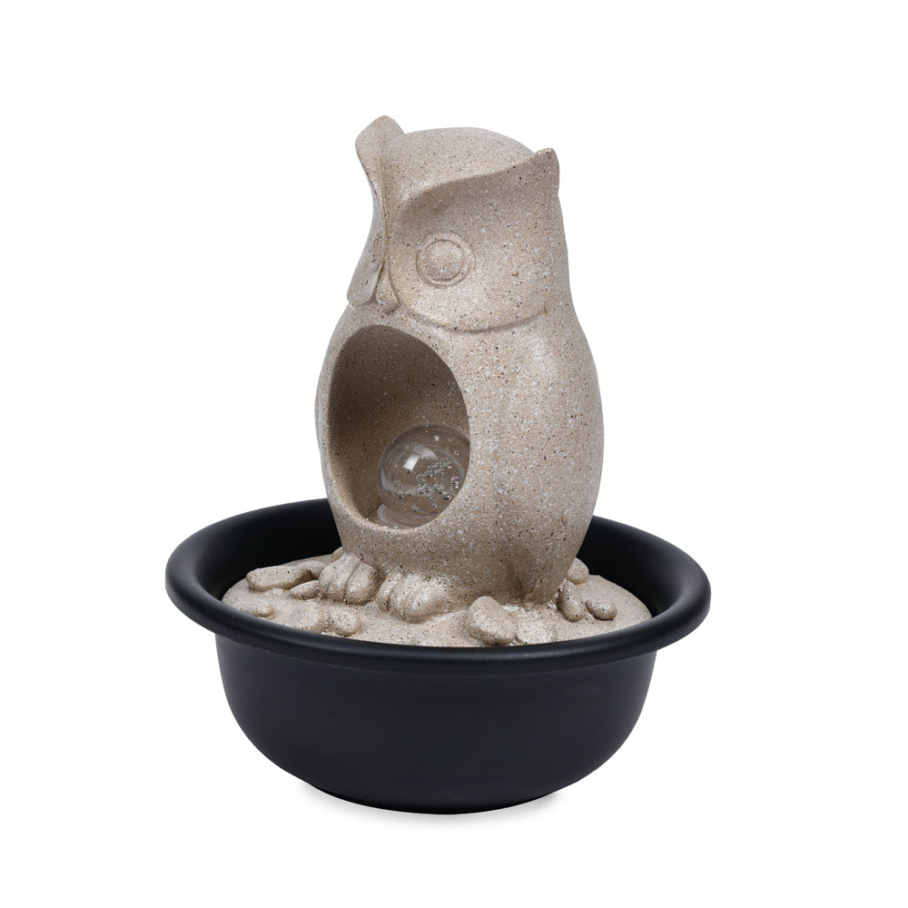 Owl Shaped Decorative Water Fountain With LED Light (Sand)