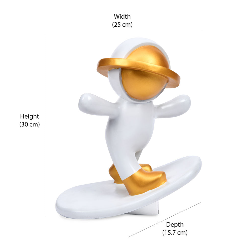 Astronaut On Skateboard Figurine Polyresin Showpiece (White & Gold)