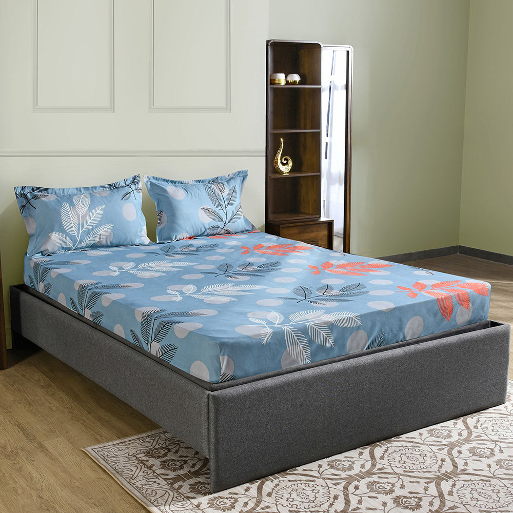 Ammara Leaf Design Polyester Double Bedsheet with 2 Pillow Covers (Blue & Grey)