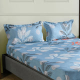 Ammara Leaf Design Polyester Double Bedsheet with 2 Pillow Covers (Blue & Grey)