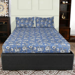 Aurora Floral Polyester Double Bedsheet with 2 Pillow Covers (Blue)