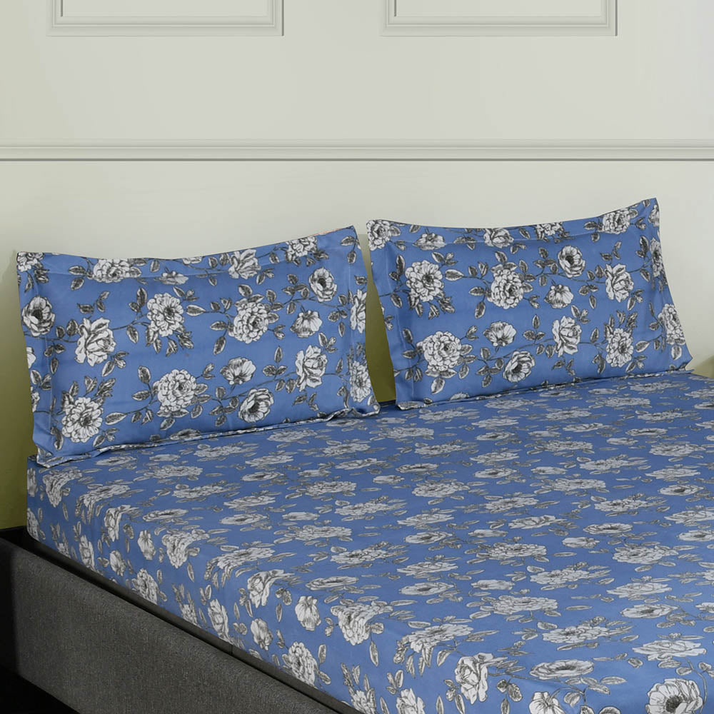 Aurora Floral Polyester Double Bedsheet with 2 Pillow Covers (Blue)