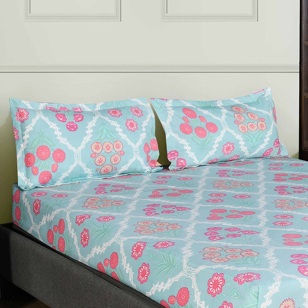 Aurora Floral Polyester Double Bedsheet with 2 Pillow Covers (Sea Blue)