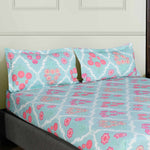 Aurora Floral Polyester Double Bedsheet with 2 Pillow Covers (Sea Blue)