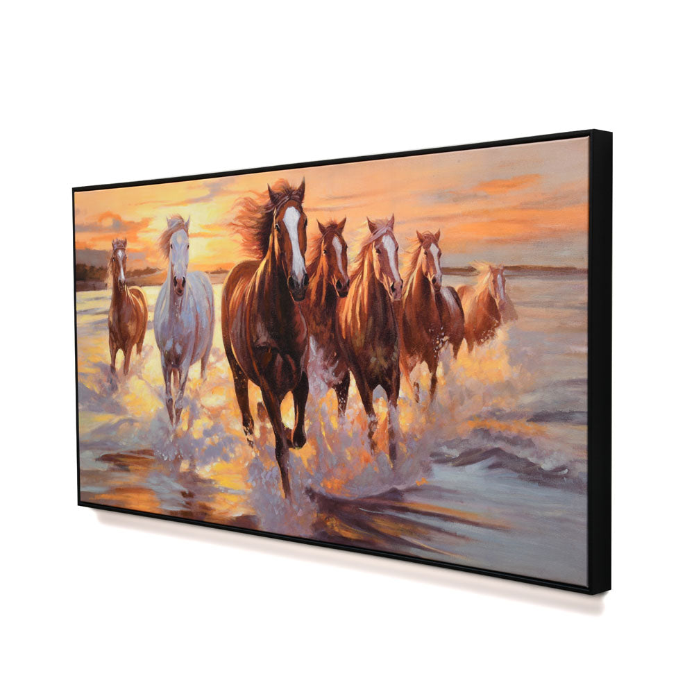 Seven Horses On Water Canvas Wall Painting (Brown)