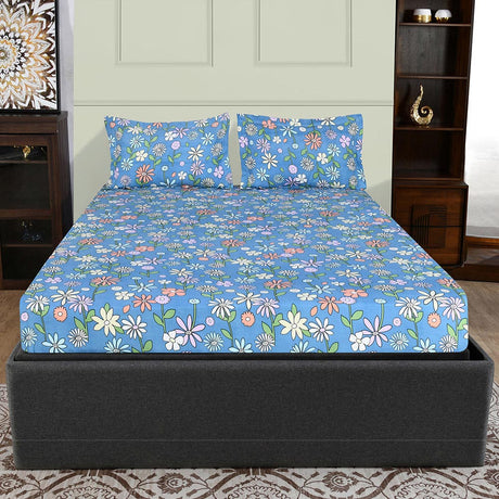 Aurora Floral Polyester Double Bedsheet with 2 Pillow Covers (Blue)