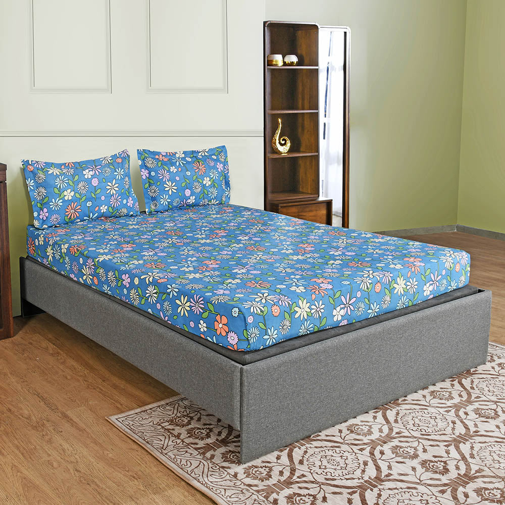 Aurora Floral Polyester Double Bedsheet with 2 Pillow Covers (Blue)