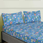 Aurora Floral Polyester Double Bedsheet with 2 Pillow Covers (Blue)