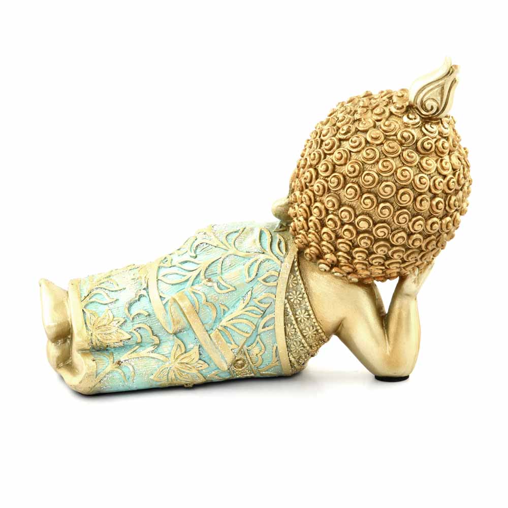 Baby Monk Lying Decorative Polyresin Showpiece (Mint & Gold)