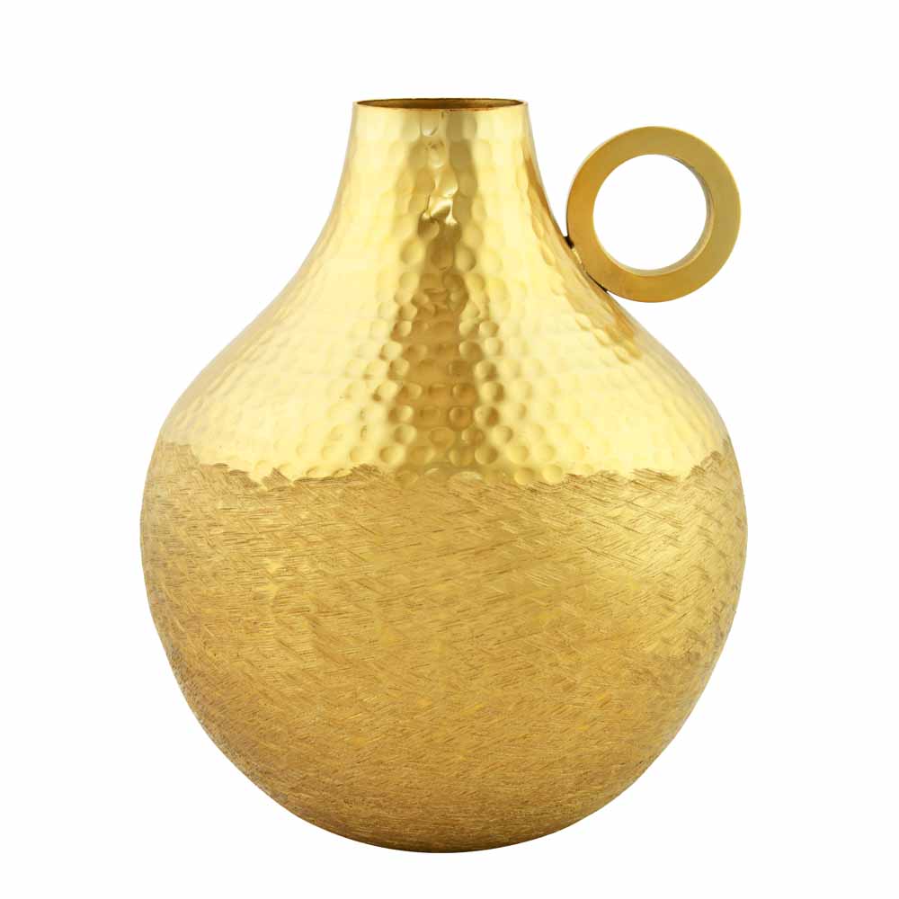 Criss Cross Textured Matki Shaped Large Metal Vase (Gold)