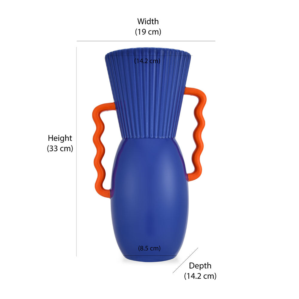 Decorative Semi Fluted Design Dolomite Vase With Handles (Blue & Orange)