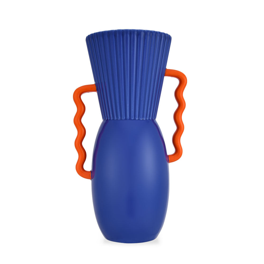 Decorative Semi Fluted Design Dolomite Vase With Handles (Blue & Orange)