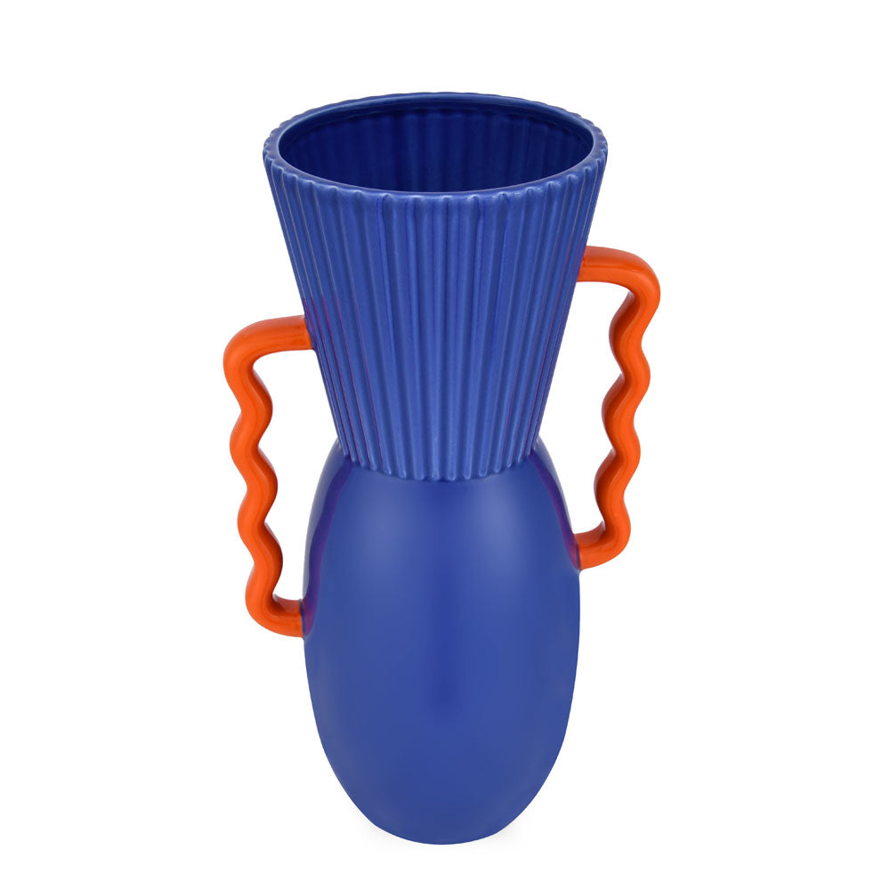 Decorative Semi Fluted Design Dolomite Vase With Handles (Blue & Orange)