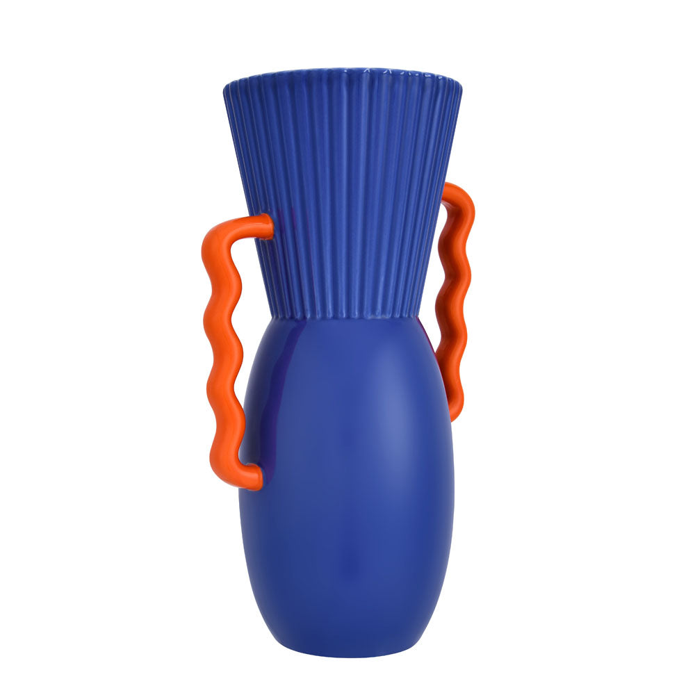 Decorative Semi Fluted Design Dolomite Vase With Handles (Blue & Orange)