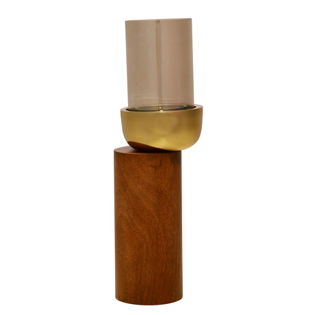 Decorative Wooden & Glass Candle Holder (Gold & Brown)