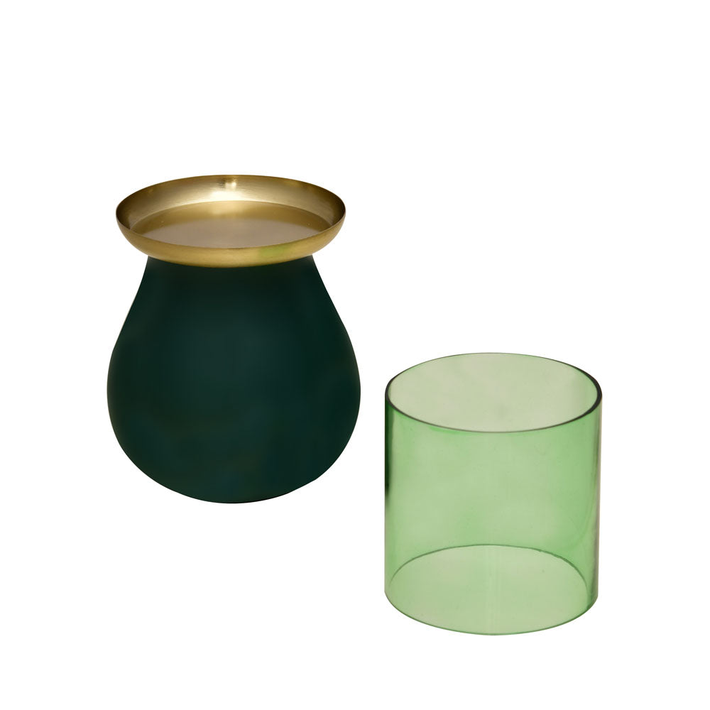 Decorative Oval Base Metal & Glass Candle Holder (Green)