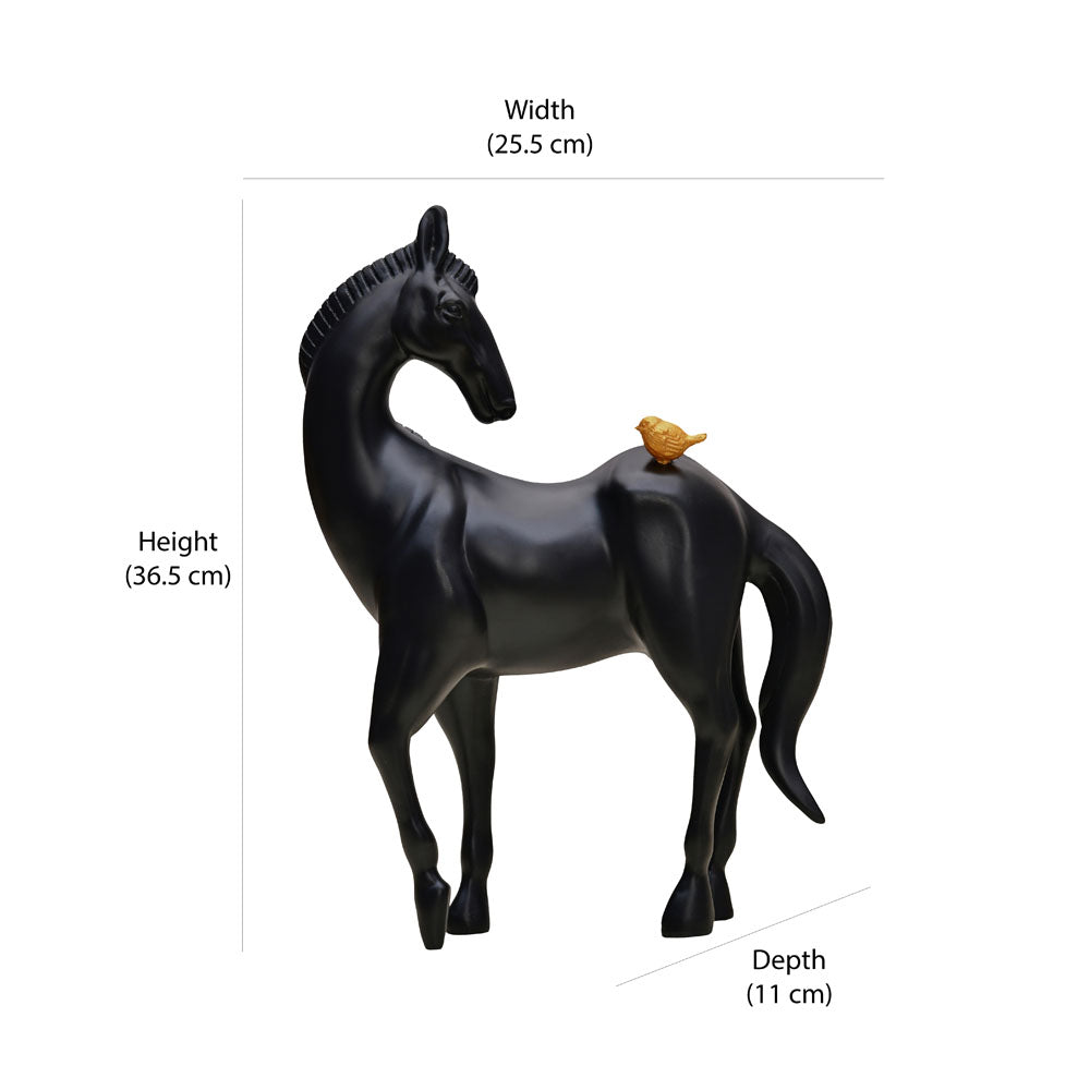 Horse with Bird On Back Polyresin Showpiece (Black)