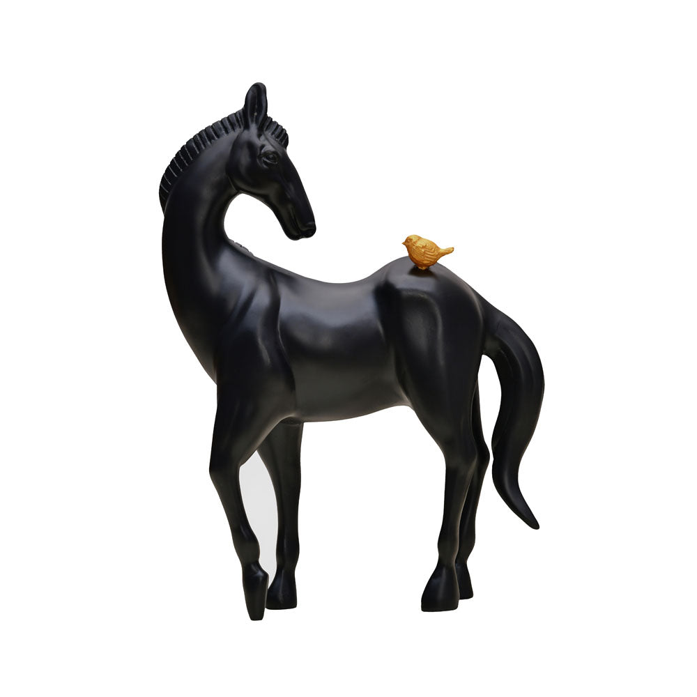 Horse with Bird On Back Polyresin Showpiece (Black)