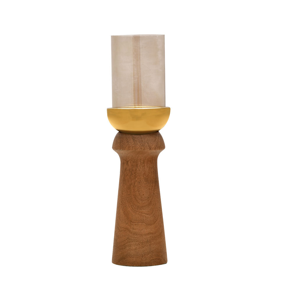 Decorative Dual Arch Wooden & Glass Candle Holder (Large, Gold & Brown)