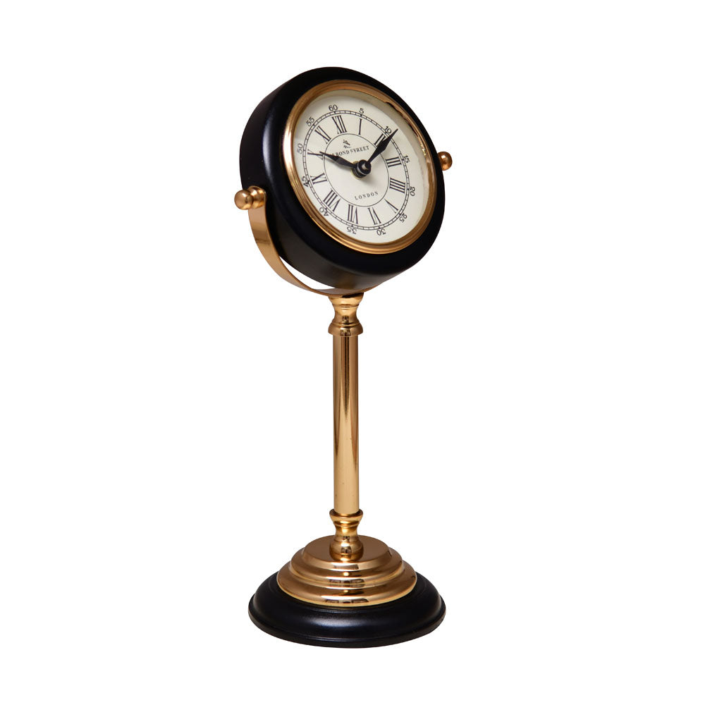 Round Dial Metal Table Clock On Stand (Black & Gold)