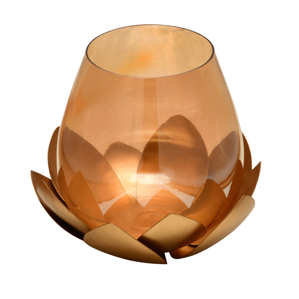 Decorative Lotus Metal & Glass Votive Candle Holder (Gold)