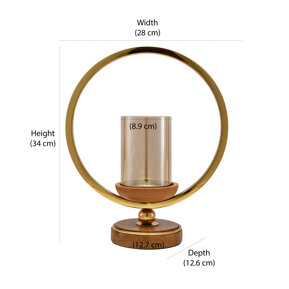 Decorative Circular Ring Wooden & Glass Candle Holder (Small, Gold & Brown)