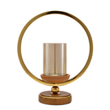 Decorative Circular Ring Wooden & Glass Candle Holder (Small, Gold & Brown)