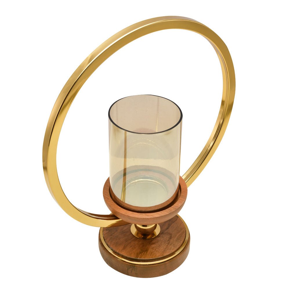 Decorative Circular Ring Wooden & Glass Candle Holder (Small, Gold & Brown)