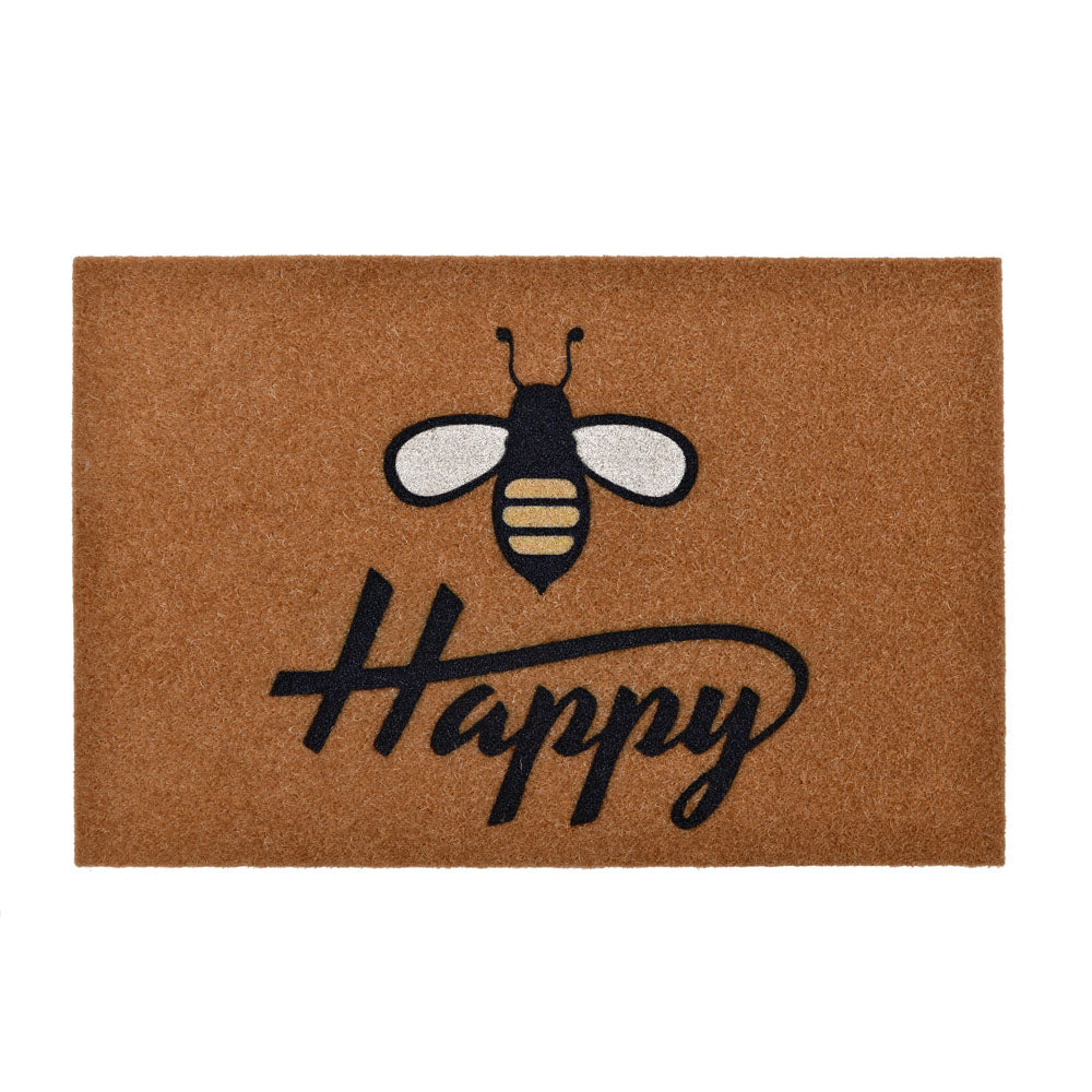 Bee Happy Printed Polyester 16" x 24" Anti-Slip Door Mat (Brown)