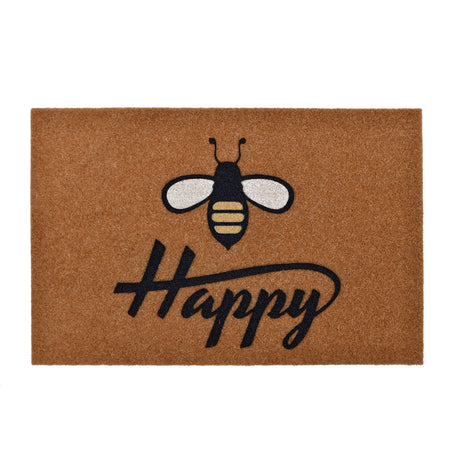 Bee Happy Printed Polyester 16" x 24" Anti-Slip Door Mat (Brown)