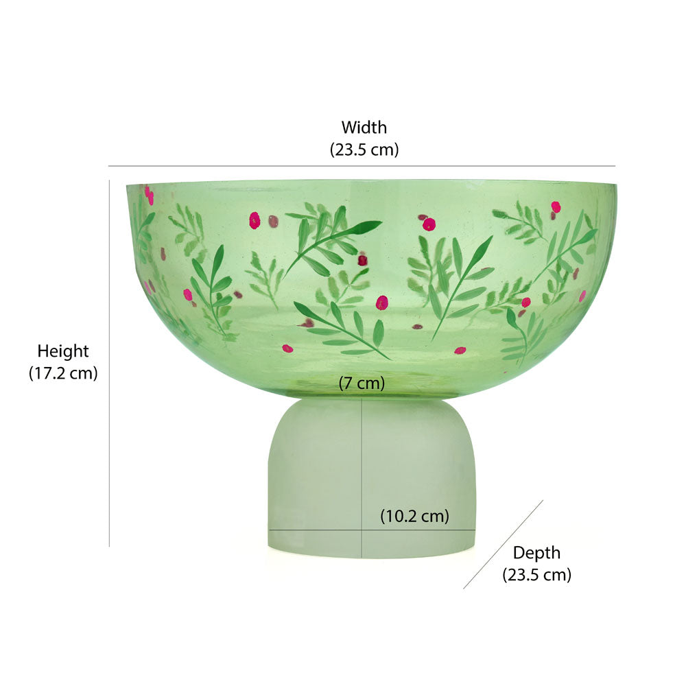 Hand-Painted Leaf Design Glass Urli Bowl With Base (Green)