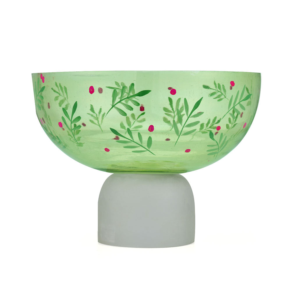 Hand-Painted Leaf Design Glass Urli Bowl With Base (Green)