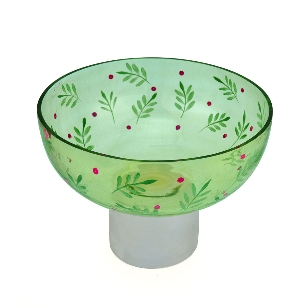 Hand-Painted Leaf Design Glass Urli Bowl With Base (Green)